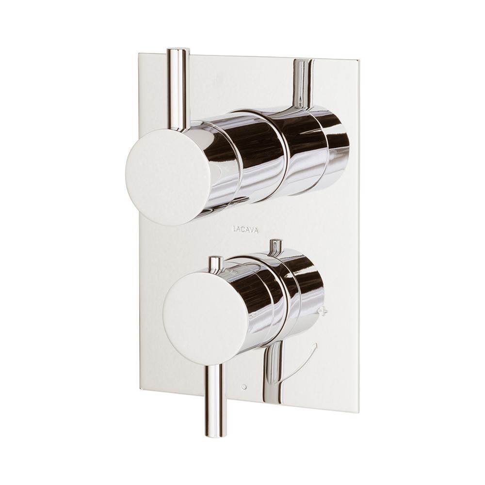Lacava - TRIM ONLY - Thermostatic Valve w/ 3 way shared diverter + OFF, GPM 8 (60PSI) with rectangular back plate and 2 stacked round lever handles - Polished Nickel