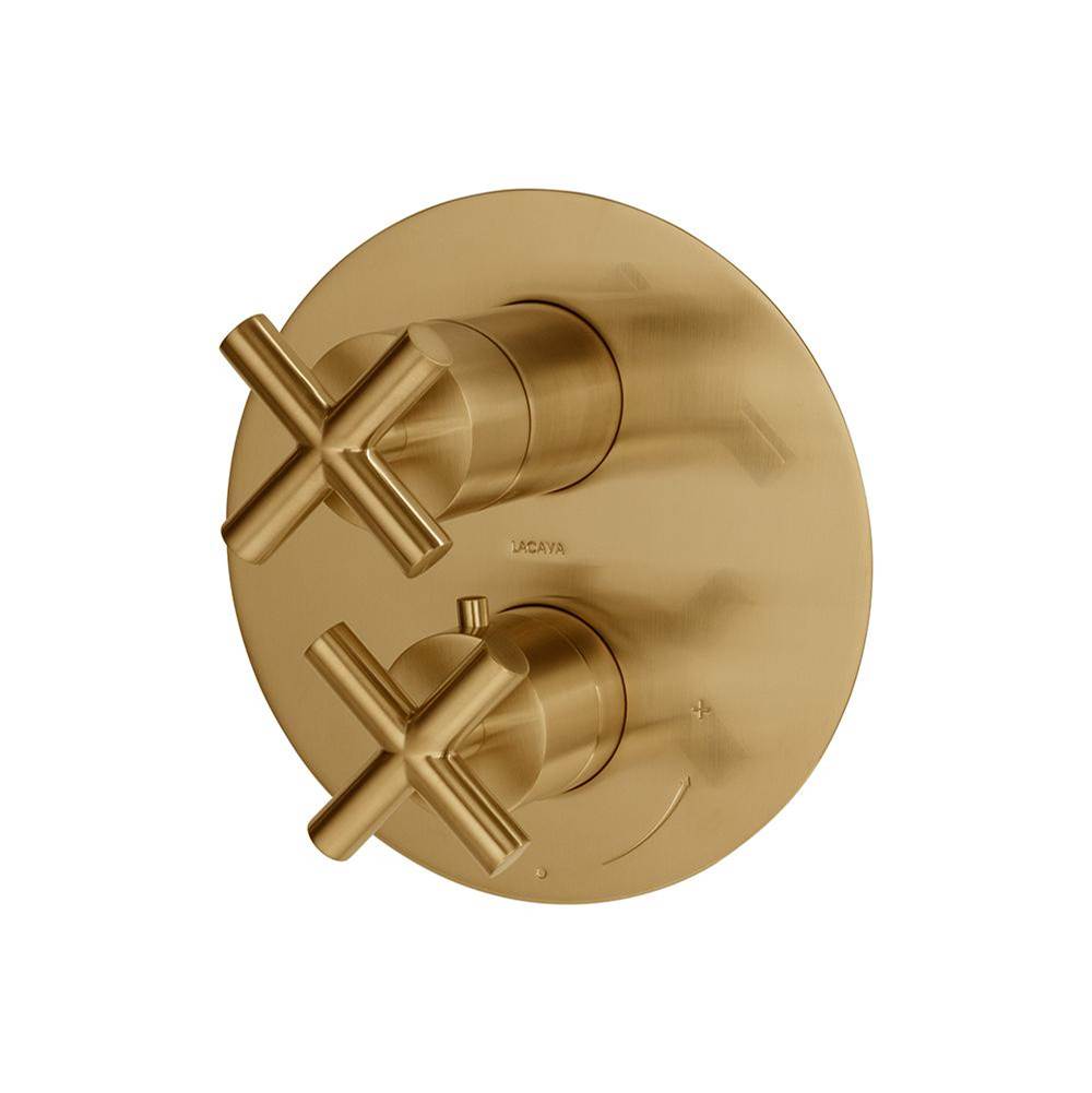 Lacava - TRIM ONLY - Thermostatic Valve w/ 3 way shared diverter + OFF, GPM 8 (60PSI) with round back plate and 2 stacked cross handles - Brushed Gold