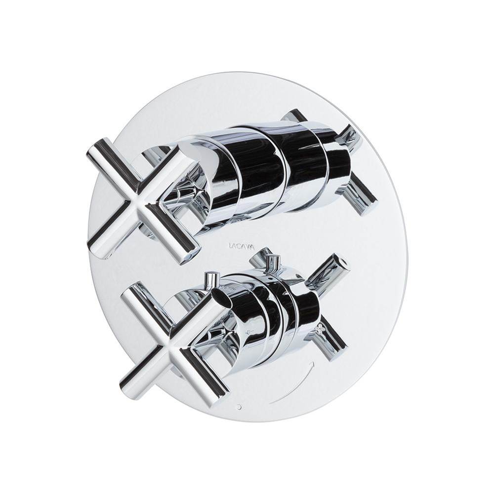 Lacava - TRIM ONLY - Thermostatic Valve w/ 3 way shared diverter + OFF, GPM 8 (60PSI) with round back plate and 2 stacked cross handles - Polished Chrome