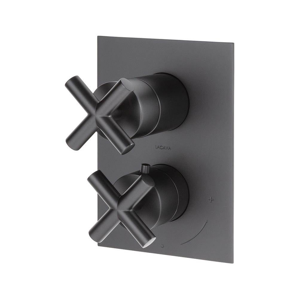 Lacava - TRIM ONLY - Thermostatic Valve w/ 2 way shared diverter + OFF, GPM 8.5 (60PSI) with rectangular back plate and 2 stacked cross handles - Matte Black