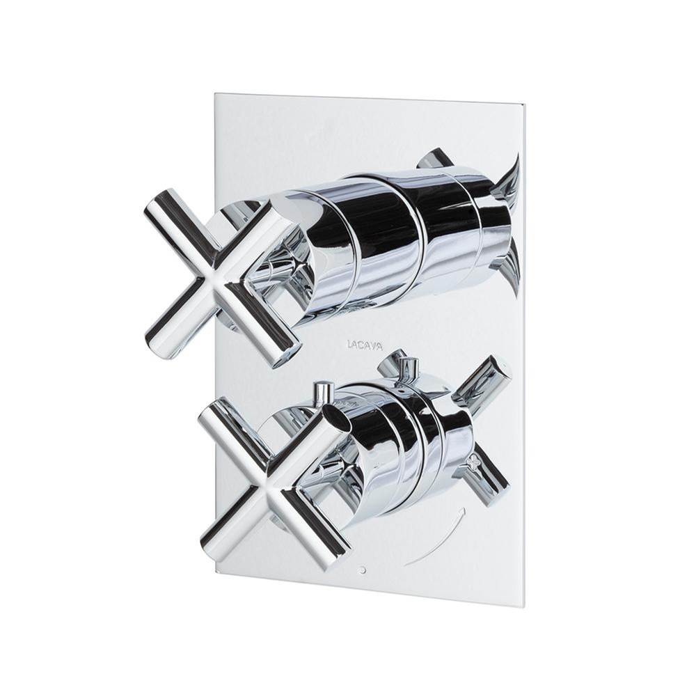 Lacava - TRIM ONLY - Thermostatic Valve w/ 3 way shared diverter + OFF, GPM 8 (60PSI) with rectangular back plate and 2 stacked cross handles - Polished Chrome