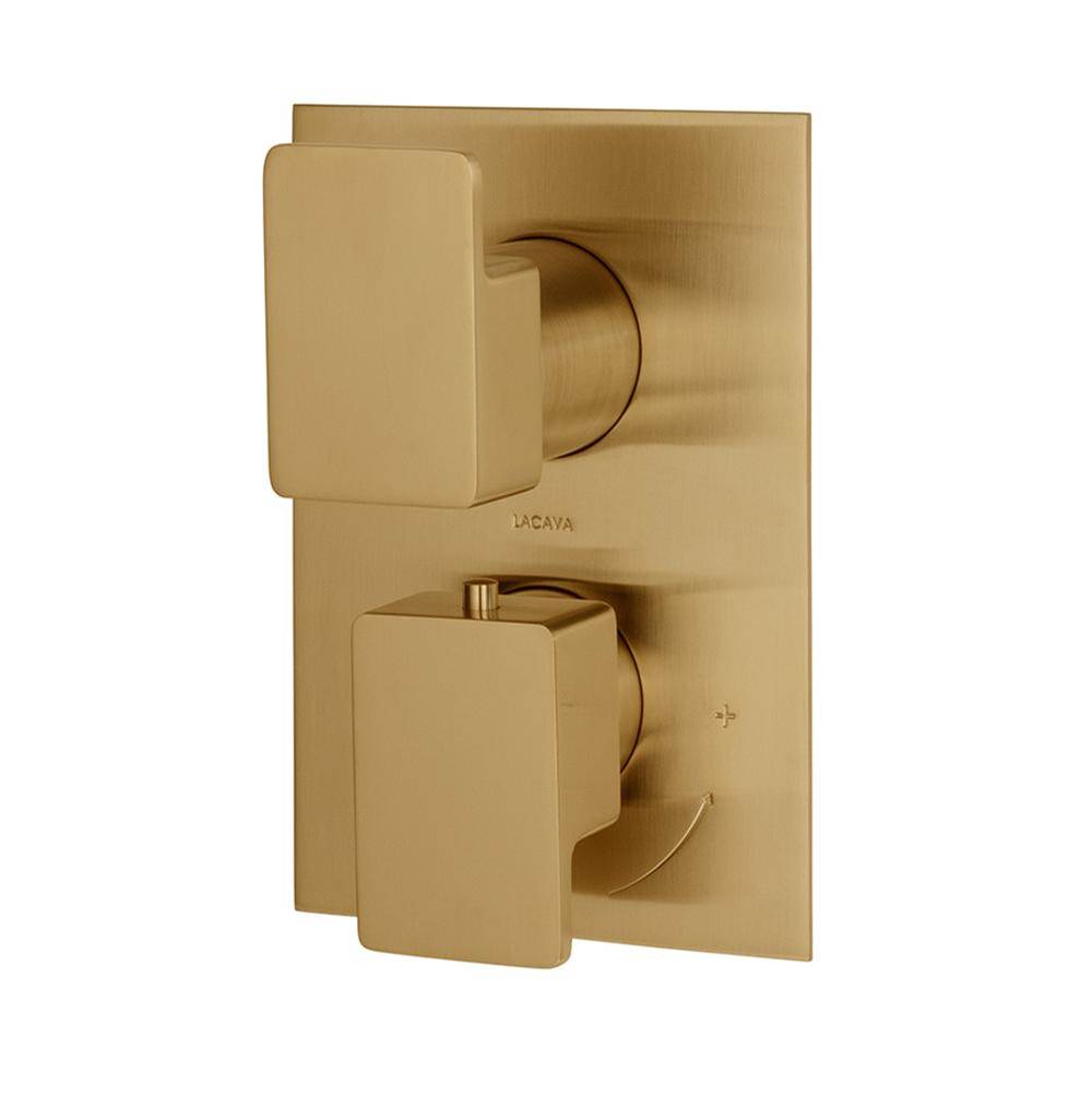 Lacava - TRIM ONLY - Thermostatic Valve w/ 2 way shared diverter + OFF, GPM 8.5 (60PSI) with rectangular back plate and 2 stacked lever handles - Brushed Gold