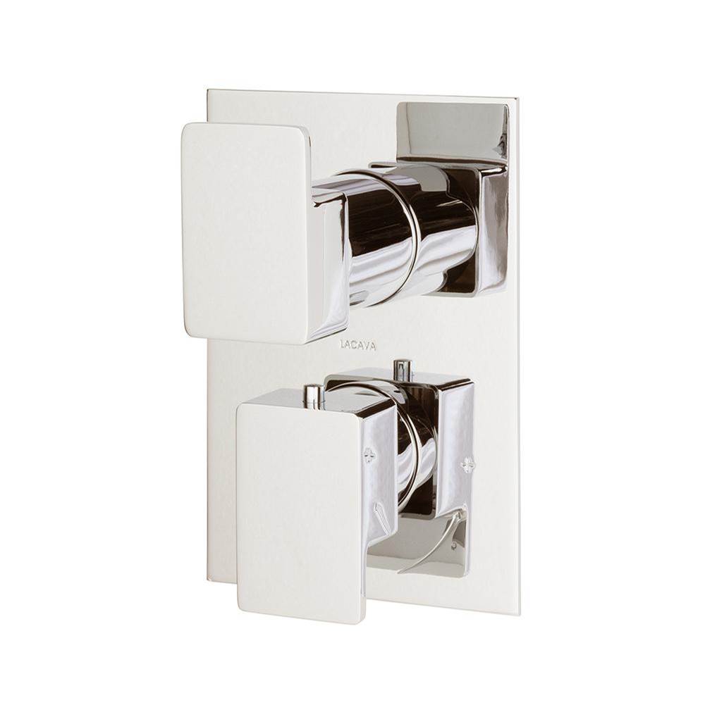 Lacava - TRIM ONLY - Thermostatic Valve w/ 3 way shared diverter + OFF, GPM 8 (60PSI) with rectangular back plate and 2 stacked lever handles - Polished Nickel
