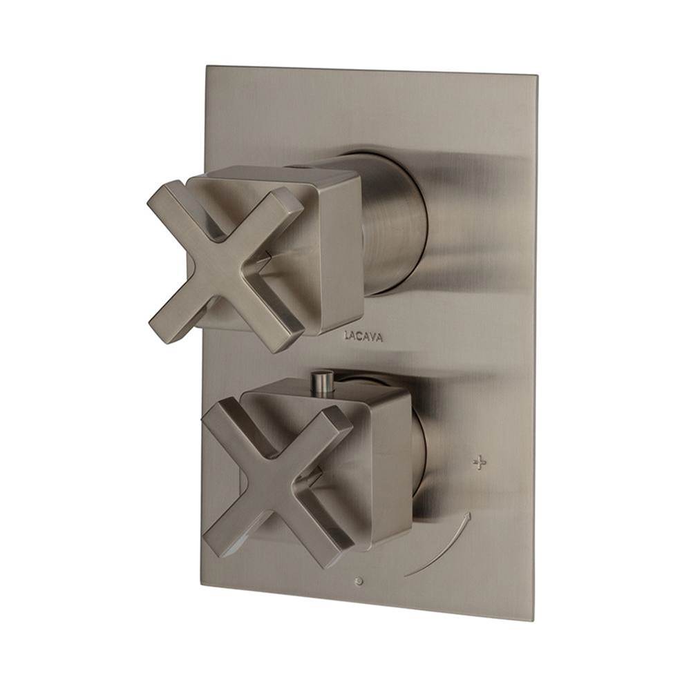 Lacava - TRIM ONLY - Thermostatic Valve w/ 3 way shared diverter + OFF, GPM 8 (60PSI) with rectangular back plate and 2 stacked lever handles - Brushed Nickel