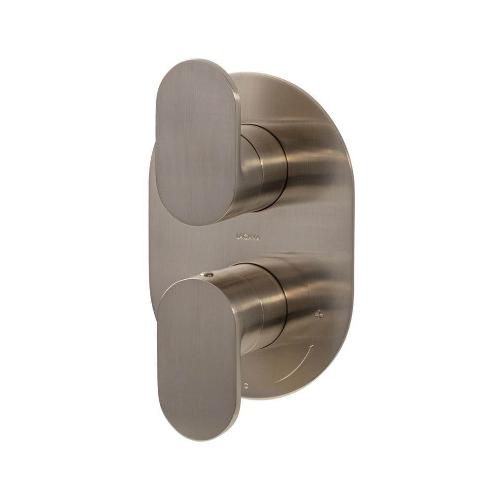 Lacava - Built-in progressive pressure balancing mixer with volume control, two lever handles and an oblong backplate. Water flow rate: 4.2 gpm at 43.5 psi. Rough-in No. VPBP1 sold separately. 5-1/8''W, 7-1/4''H - Brushed Nickel