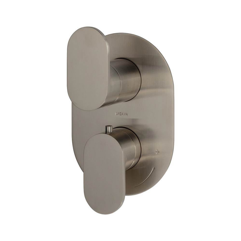 Lacava - TRIM ONLY - Thermostatic Valve w/ 2 way shared diverter + OFF, GPM 8.5 (60PSI) with oblong back plate and 2 stacked oval lever handles - Brushed Nickel