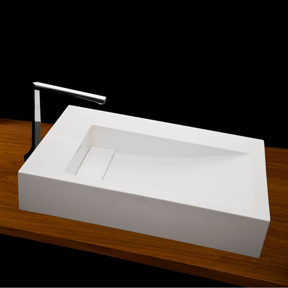 Lacava - Vessel Bathroom Sink with deck on the left, made of solid surface, with an overflow and decorative drain cover. - Matte White