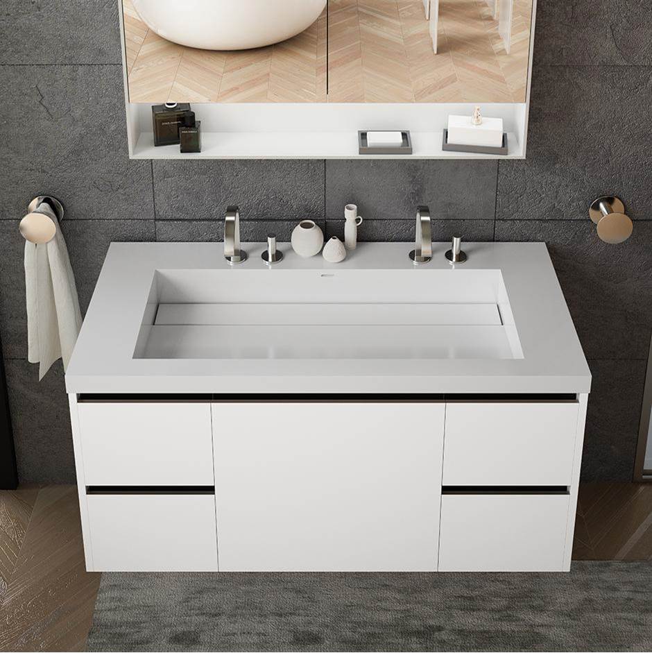 Lacava - Vanity-top wide center-bowl Bathroom Sink made of solid surface, with an overflow and decorative drain cover. - Matte White