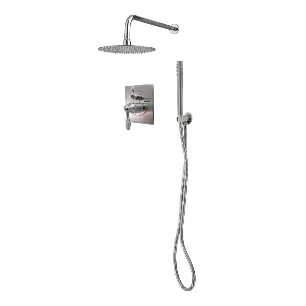Lenova - 3PC - Shower Set Includes: Shower Head Round 8'' Thermostatic/Pressure Valve Trim Kit - Square - Polished Chrome