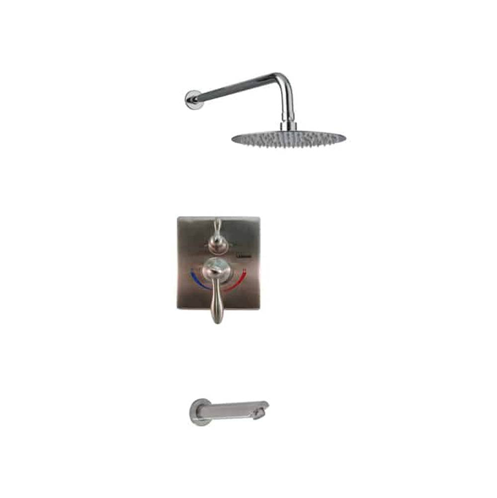 Lenova - 2PC - Shower Set Includes: Shower Head Round 8'' Thermostatic/Pressure Valve Trim Kit - Square - Polished Chrome