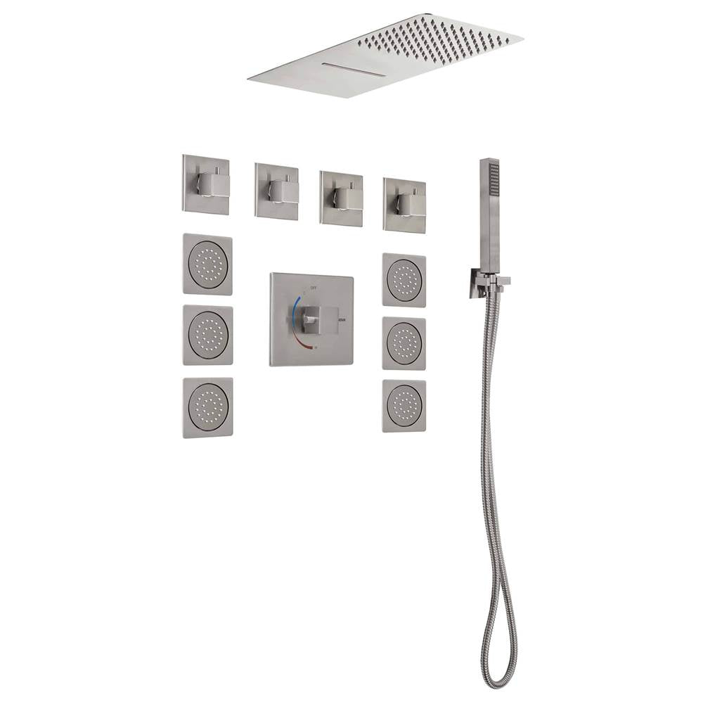 Lenova - 4PC - Shower Set Includes: Shower Head Square 19-3/4'' x 8'' Thermostatic/Pressure Valve Trim Kit - Square - Polished Chrome