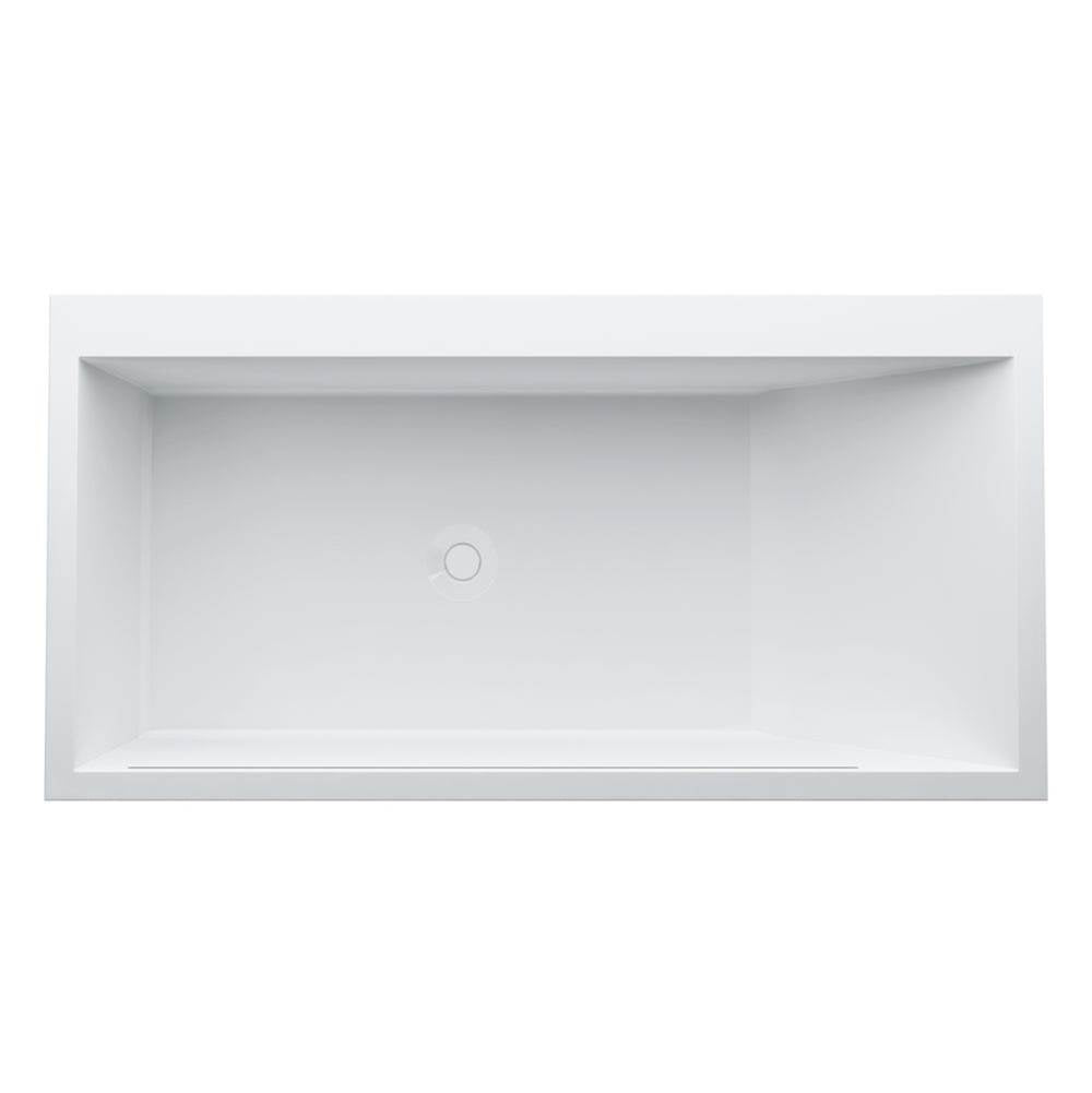 Freestanding bathtub, made of Sentec solid surface, with slot overflow/front overflow and tap bank at foot end, with lifting system