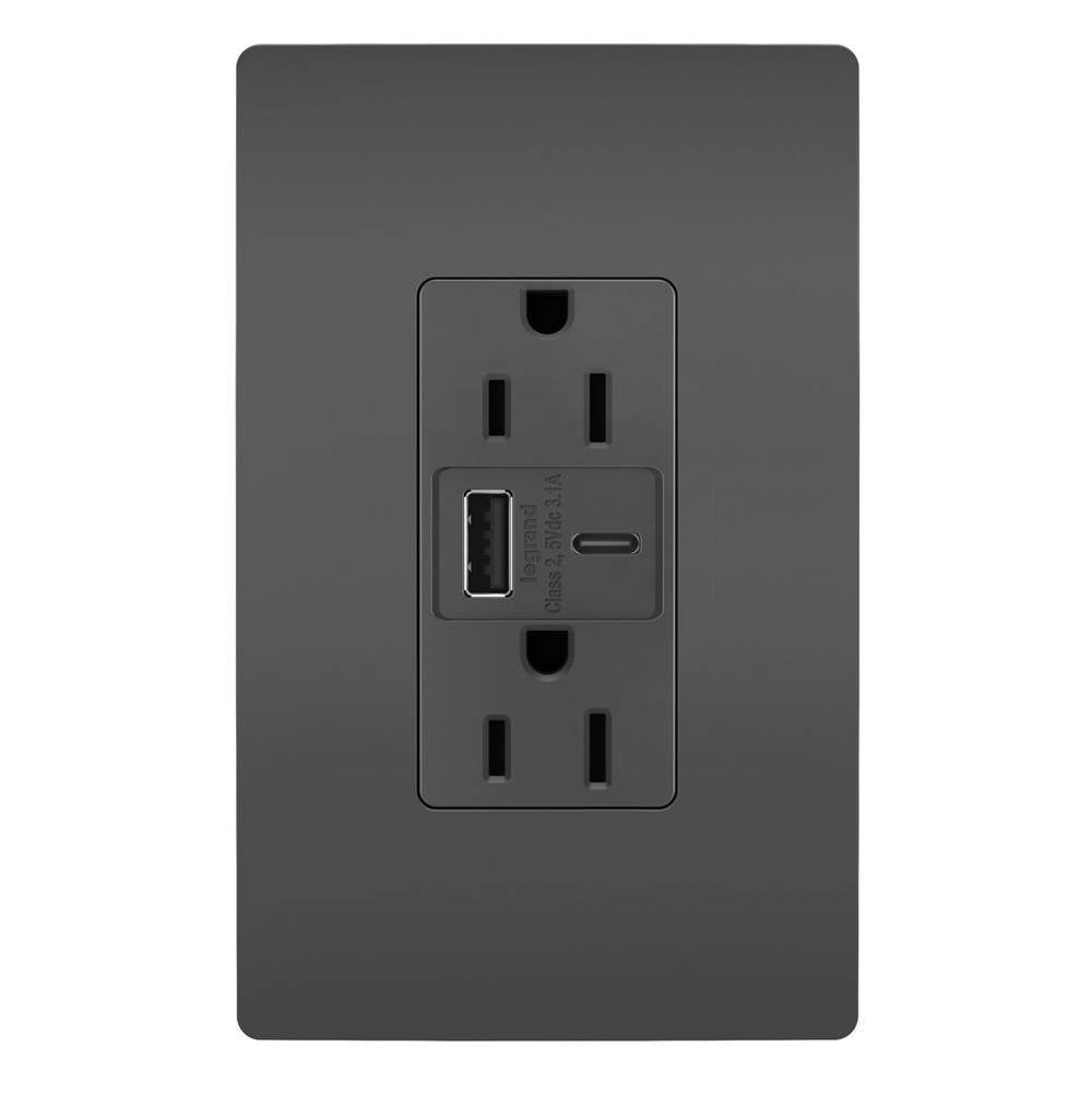 Legrand - radiant 15A Tamper-Resistant USB Type A/C Outlet, Black - Black