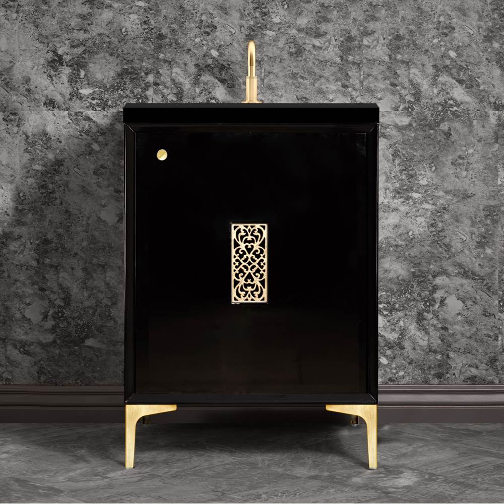 Linkasink - Frame 24'' Wide Black Vanity with Satin Brass Filigree Grate and Legs, 24'' x 22'' x 33.5'' (without vanity top) - Black with Satin Brass Hardware