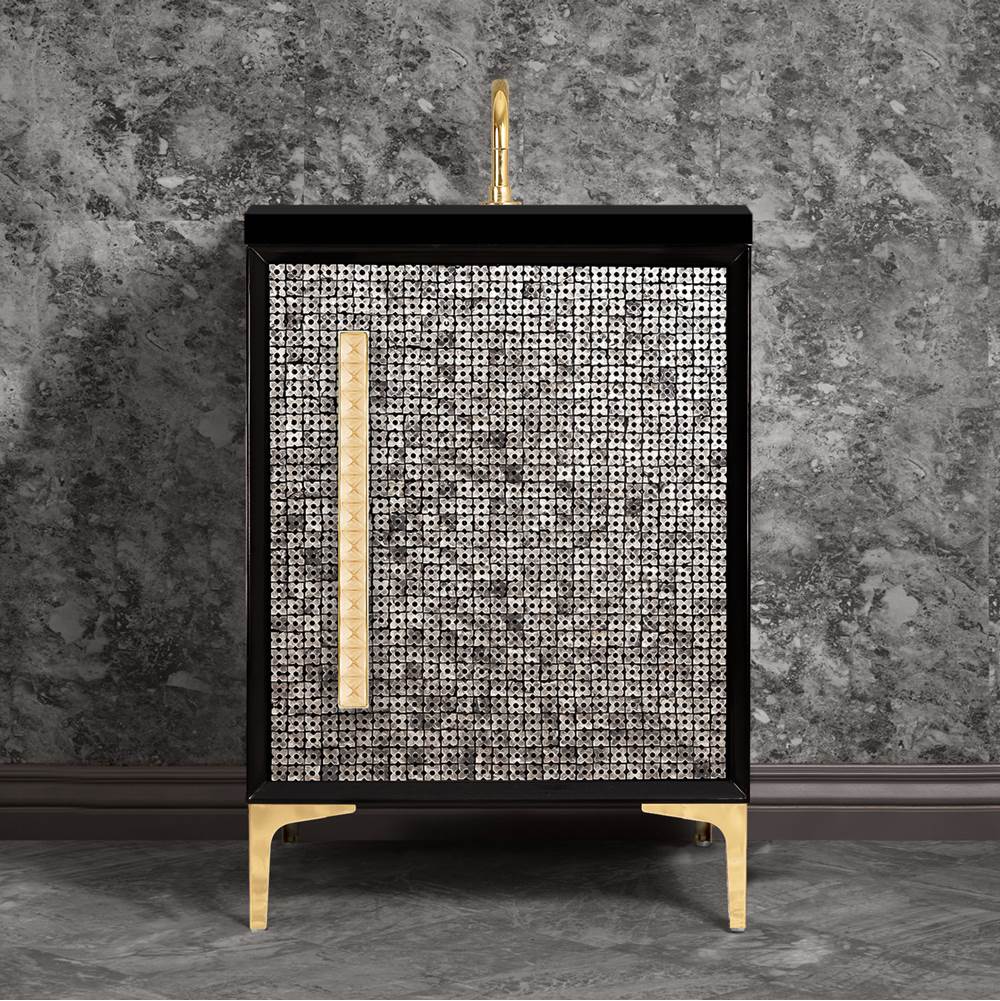 Linkasink - MOTHER OF PEARL with 18'' Artisan Glass Pyramid Hardware 24'' Wide Vanity, Black, Polished Brass Hardware, 24'' x 22'' x 33.5'' (without vanity top) - Polished Brass with Églomisé Pyramid Glass
