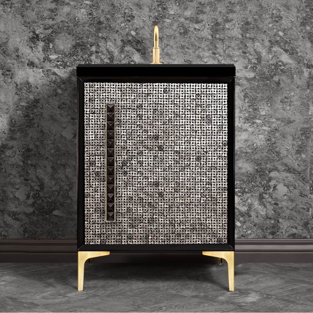 Linkasink - MOTHER OF PEARL with 18'' Artisan Glass Pyramid Hardware 24'' Wide Vanity, Black, Satin Brass Hardware, 24'' x 22'' x 33.5'' (without vanity top) - Satin Brass with Black Pyramid Glass