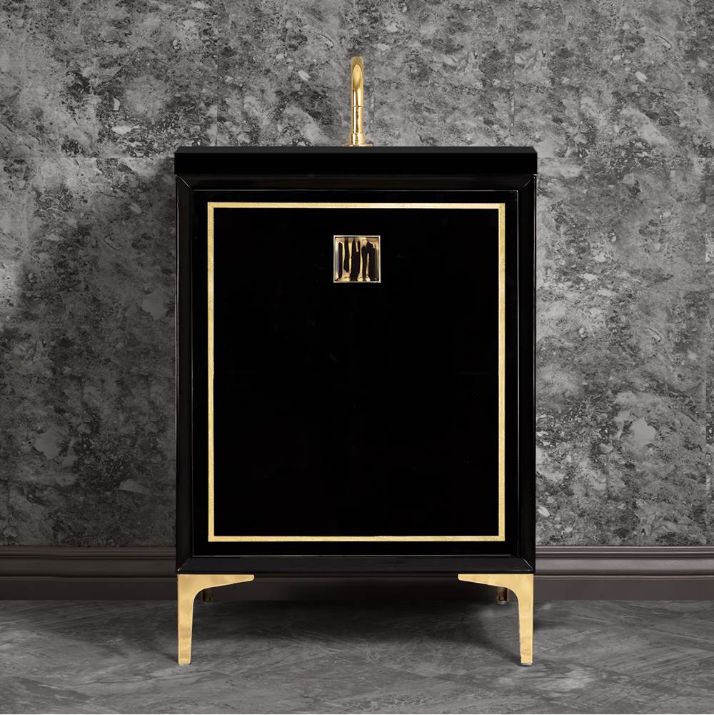 Linkasink - LINEA with 3'' Artisan Glass Prism Hardware 24'' Wide Vanity, Black, Polished Brass Hardware, 24'' x 22'' x 33.5'' (without vanity top) - Polished Brass with Black Tiger Prism Glass
