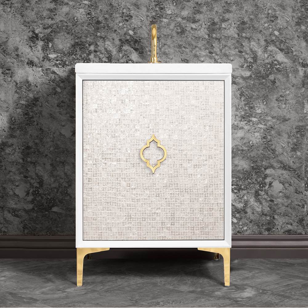 Linkasink - Mother of Pearl 24'' Wide White Vanity with Polished Brass Arabesque Pull and Hardware, 24'' x 22'' x 33.5'' (without vanity top) - White with Polished Brass Hardware