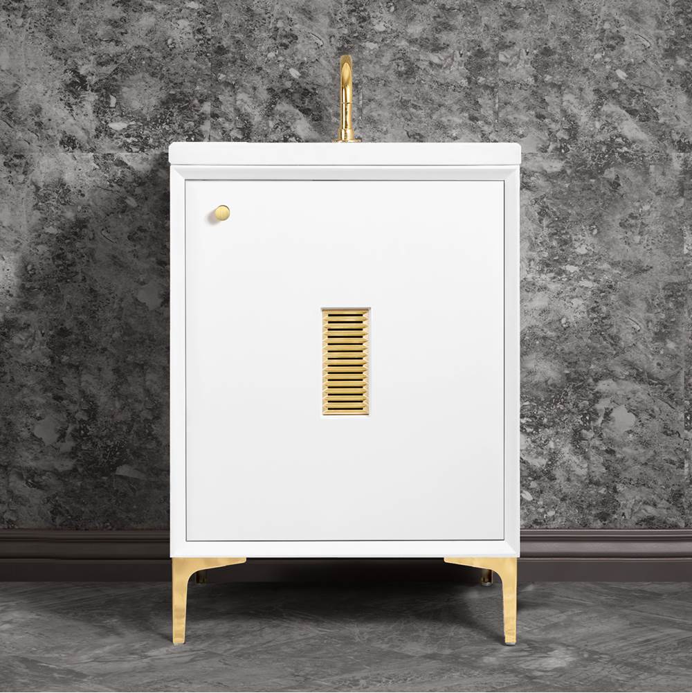 Linkasink - Frame 24'' Wide White Vanity with Polished Brass Louver Grate and Legs, 24'' x 22'' x 33.5'' (without vanity top) - White with Polished Brass Hardware