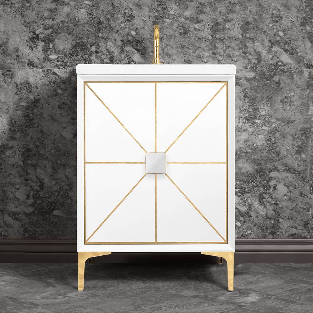 Linkasink - Divergence with 3'' Artisan Glass Prism, 24'' Wide Vanity, White, Polished Brass Hardware with White Glass, 24'' x 22'' x 33.5'' (without vanity top) - Polished Brass with White Glass
