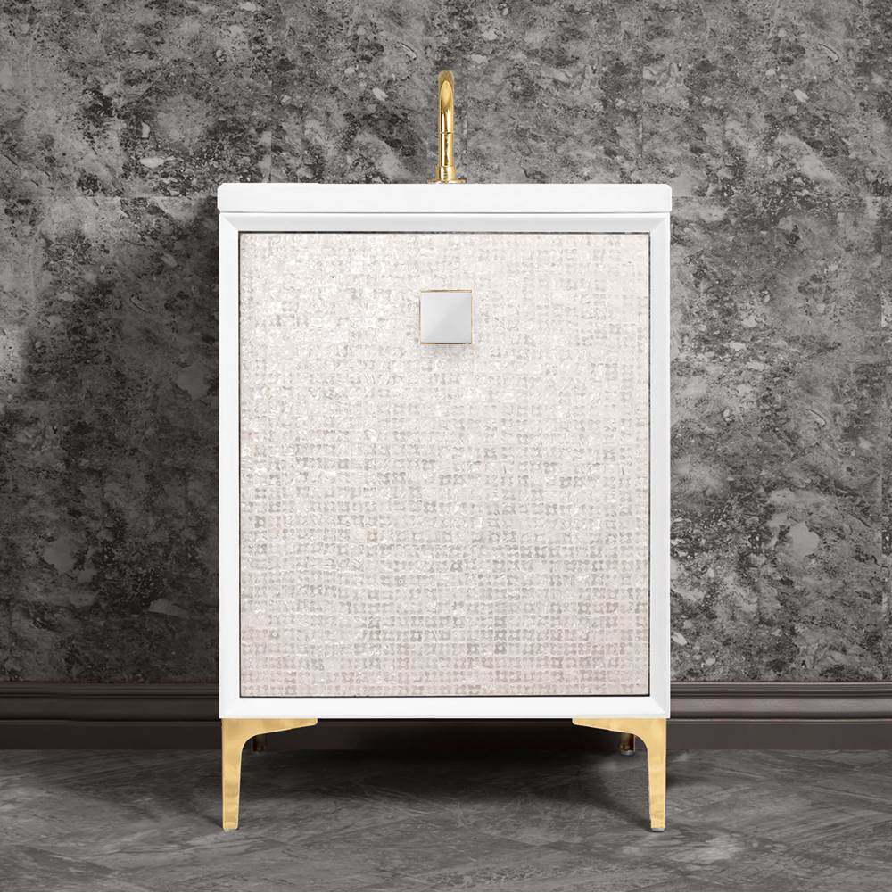 Linkasink - MOTHER OF PEARL with 3'' Artisan Glass Prism Hardware 24'' Wide Vanity, White, Polished Brass Hardware, 24'' x 22'' x 33.5'' (without vanity top) - Polished Brass with White Prism Glass