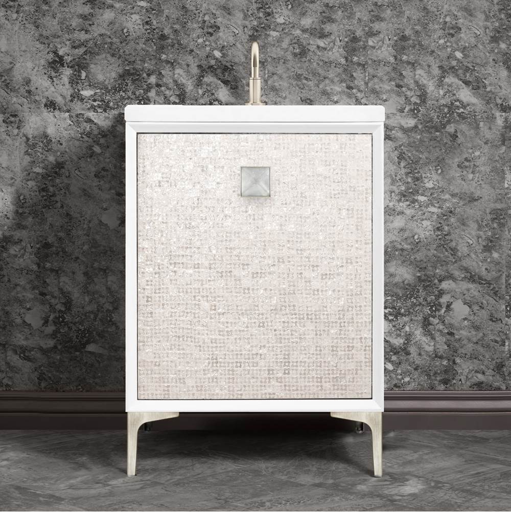 Linkasink - MOTHER OF PEARL with 3'' Artisan Glass Prism Hardware 24'' Wide Vanity, White, Satin Nickel Hardware, 24'' x 22'' x 33.5'' (without vanity top) - Satin Nickel with Églomisé Prism Glass