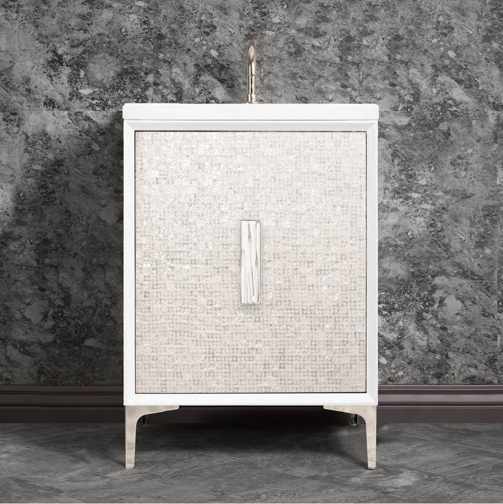 Linkasink - MOTHER OF PEARL with 8'' Artisan Glass Prism Hardware 24'' Wide Vanity, White, Polished Nickel Hardware, 24'' x 22'' x 33.5'' (without vanity top) - Polished Nickel with White Tiger Prism Glass