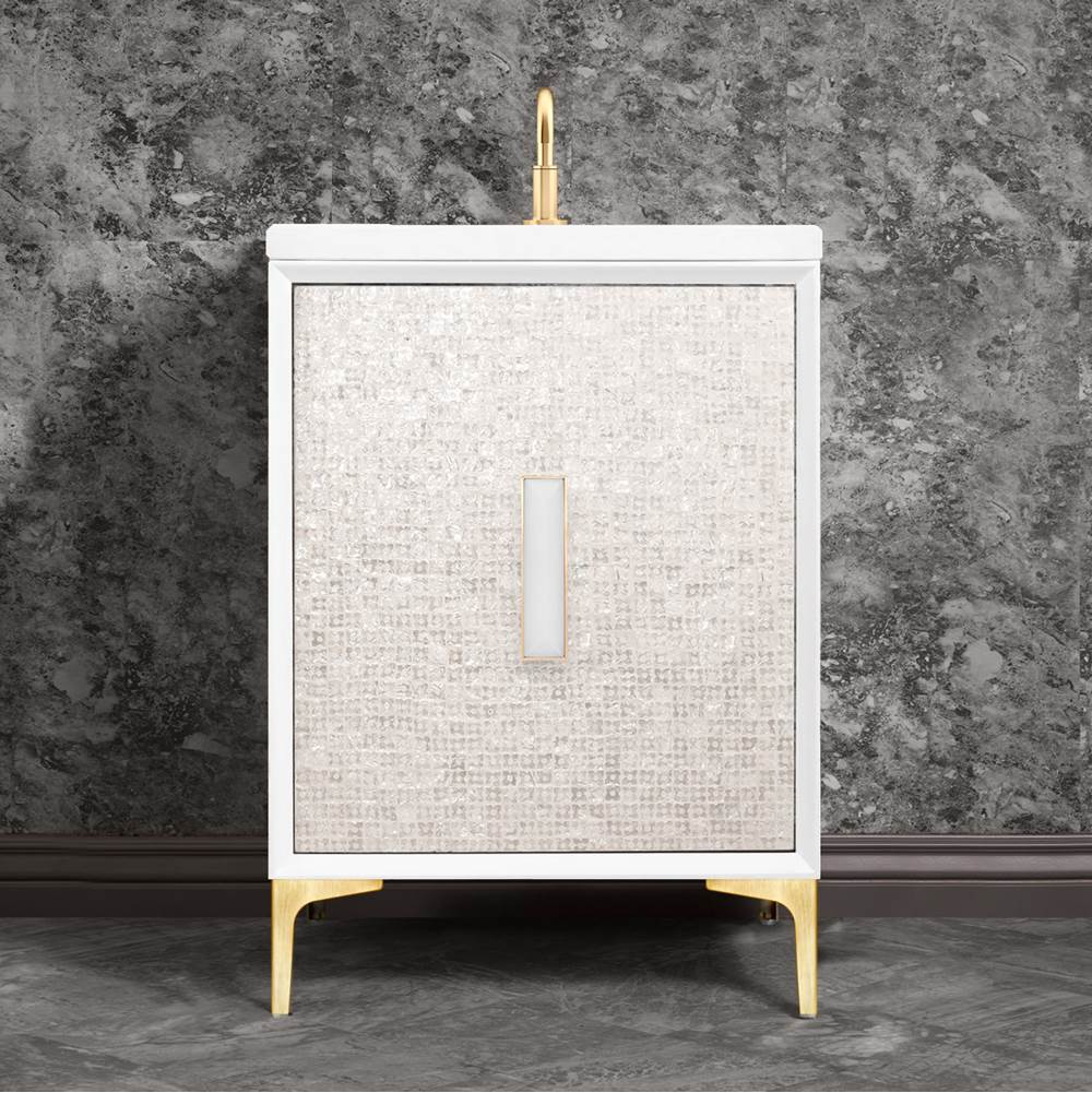 Linkasink - MOTHER OF PEARL with 8'' Artisan Glass Prism Hardware 24'' Wide Vanity, White, Satin Brass Hardware, 24'' x 22'' x 33.5'' (without vanity top) - Satin Brass with White Prism Glass