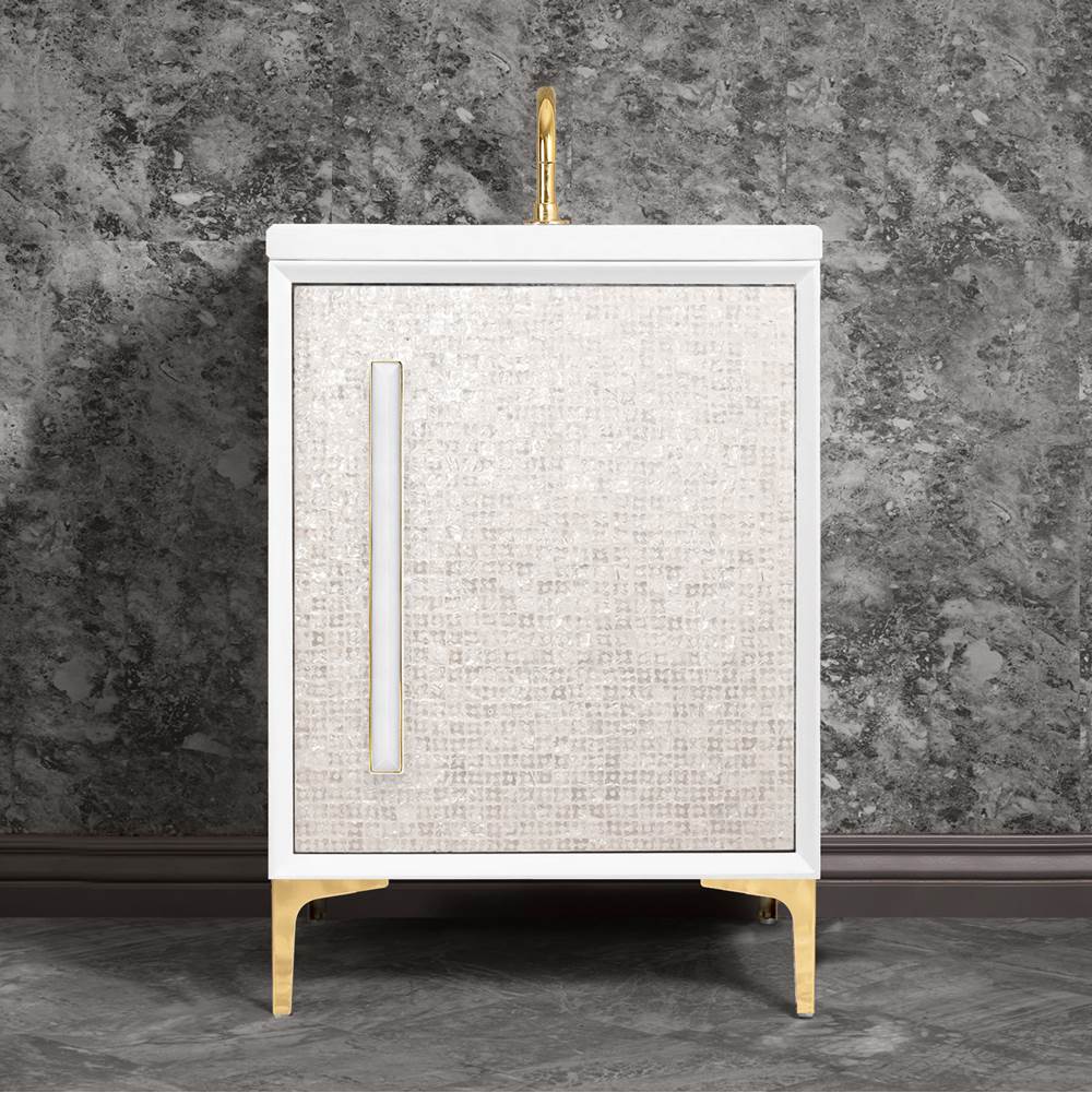 Linkasink - MOTHER OF PEARL with 18'' Artisan Glass Prism Hardware 24'' Wide Vanity, White, Polished Brass Hardware, 24'' x 22'' x 33.5'' (without vanity top) - Polished Brass with White Prism Glass
