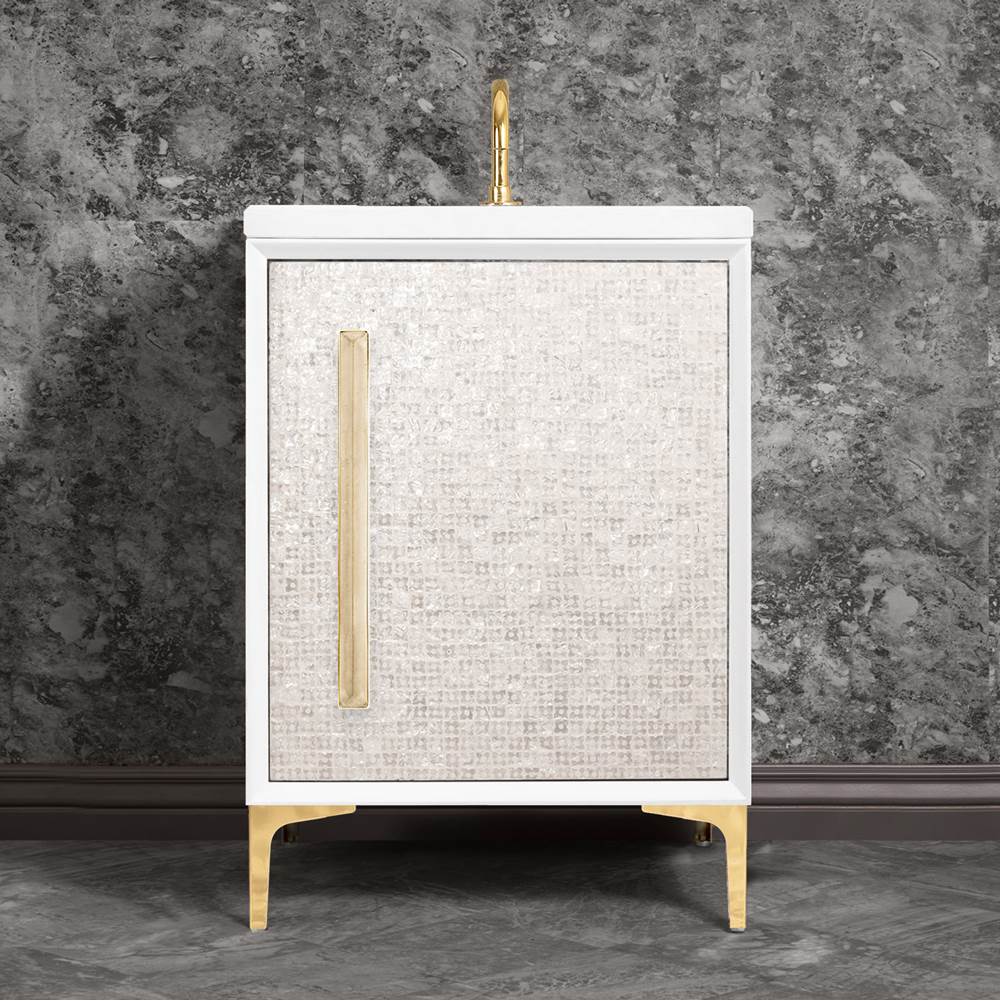 Linkasink - MOTHER OF PEARL with 18'' Artisan Glass Prism Hardware 24'' Wide Vanity, White, Polished Brass Hardware, 24'' x 22'' x 33.5'' (without vanity top) - Polished Brass with Eglomise Prism Glass
