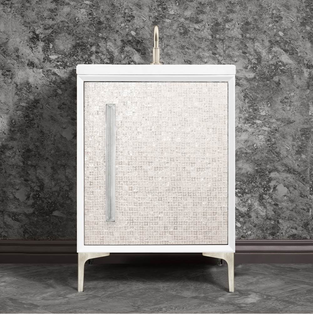 Linkasink - MOTHER OF PEARL with 18'' Artisan Glass Prism Hardware 24'' Wide Vanity, White, Satin Nickel Hardware, 24'' x 22'' x 33.5'' (without vanity top) - Satin Nickel with Églomisé Prism Glass