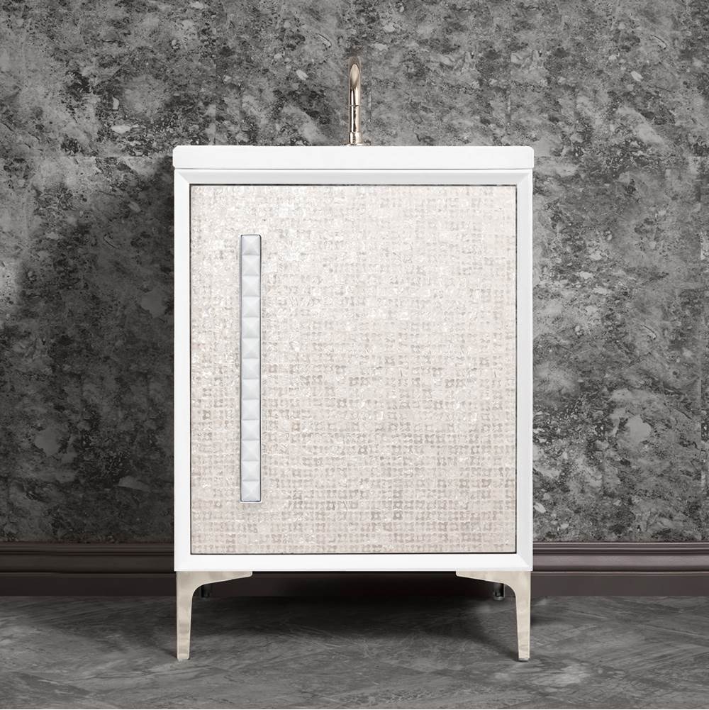 Linkasink - MOTHER OF PEARL with 18'' Artisan Glass Pyramid Hardware 24'' Wide Vanity, White, Polished Nickel Hardware, 24'' x 22'' x 33.5'' (without vanity top) - Polished Nickel with White Pyramid Glass