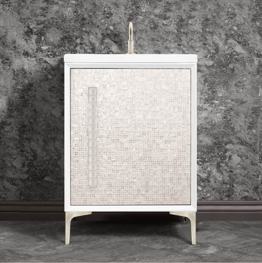 Linkasink - MOTHER OF PEARL with 18'' Artisan Glass Pyramid Hardware 24'' Wide Vanity, White, Satin Nickel Hardware, 24'' x 22'' x 33.5'' (without vanity top) - Satin Nickel with Eglomise Pyramid Glass