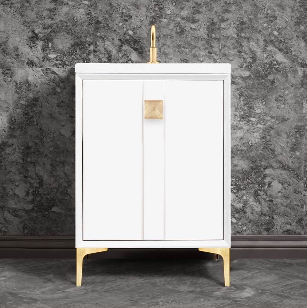 Linkasink - TUXEDO with 3'' Artisan Glass Prism Hardware 24'' Wide Vanity, White, Satin Brass Hardware, 24'' x 22'' x 33.5'' (without vanity top) - Satin Brass with Eglomise Prism Glass