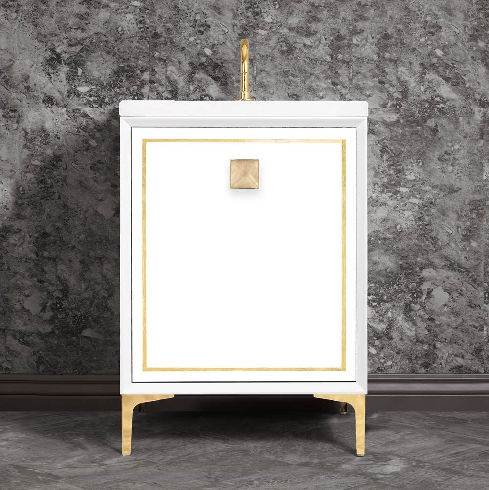 Linkasink - LINEA with 3'' Artisan Glass Prism Hardware 24'' Wide Vanity, White, Polished Brass Hardware, 24'' x 22'' x 33.5'' (without vanity top) - Polished Brass with Eglomise Prism Glass