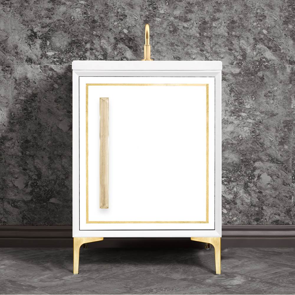 Linkasink - LINEA with 18'' Artisan Glass Prism Hardware 24'' Wide Vanity, White, Satin Brass Hardware, 24'' x 22'' x 33.5'' (without vanity top) - Satin Brass with Eglomise Prism Glass