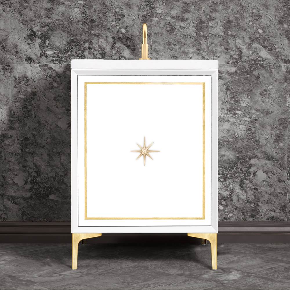 Linkasink - Linea with 3'' Satin Brass Star Hardware, 24'' Wide Vanity, White, 24'' x 22'' x 33.5'' (without vanity top) - Satin Brass