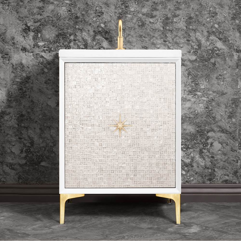 Linkasink - Mother of Pearl with 3'' Satin Brass Star Hardware, 24'' Wide Vanity, White, 24'' x 22'' x 33.5'' (without vanity top) - Satin Brass