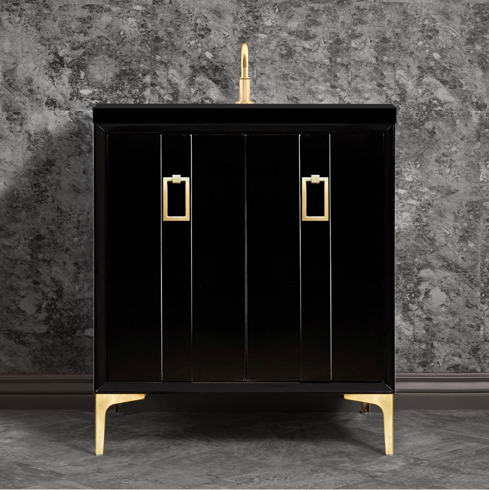 Linkasink - Tuxedo 30'' Wide Black Vanity with Satin Brass Coach Pull and Hardware, 30'' x 22'' x 33.5'' (without vanity top) - Black with Satin Brass Hardware