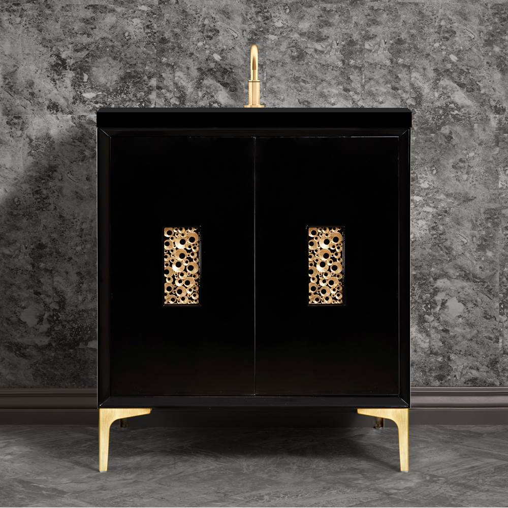 Linkasink - Frame 30'' Wide Black Vanity with Satin Brass Coral Grate and Legs, 30'' x 22'' x 33.5'' (without vanity top) - Black with Satin Brass Hardware