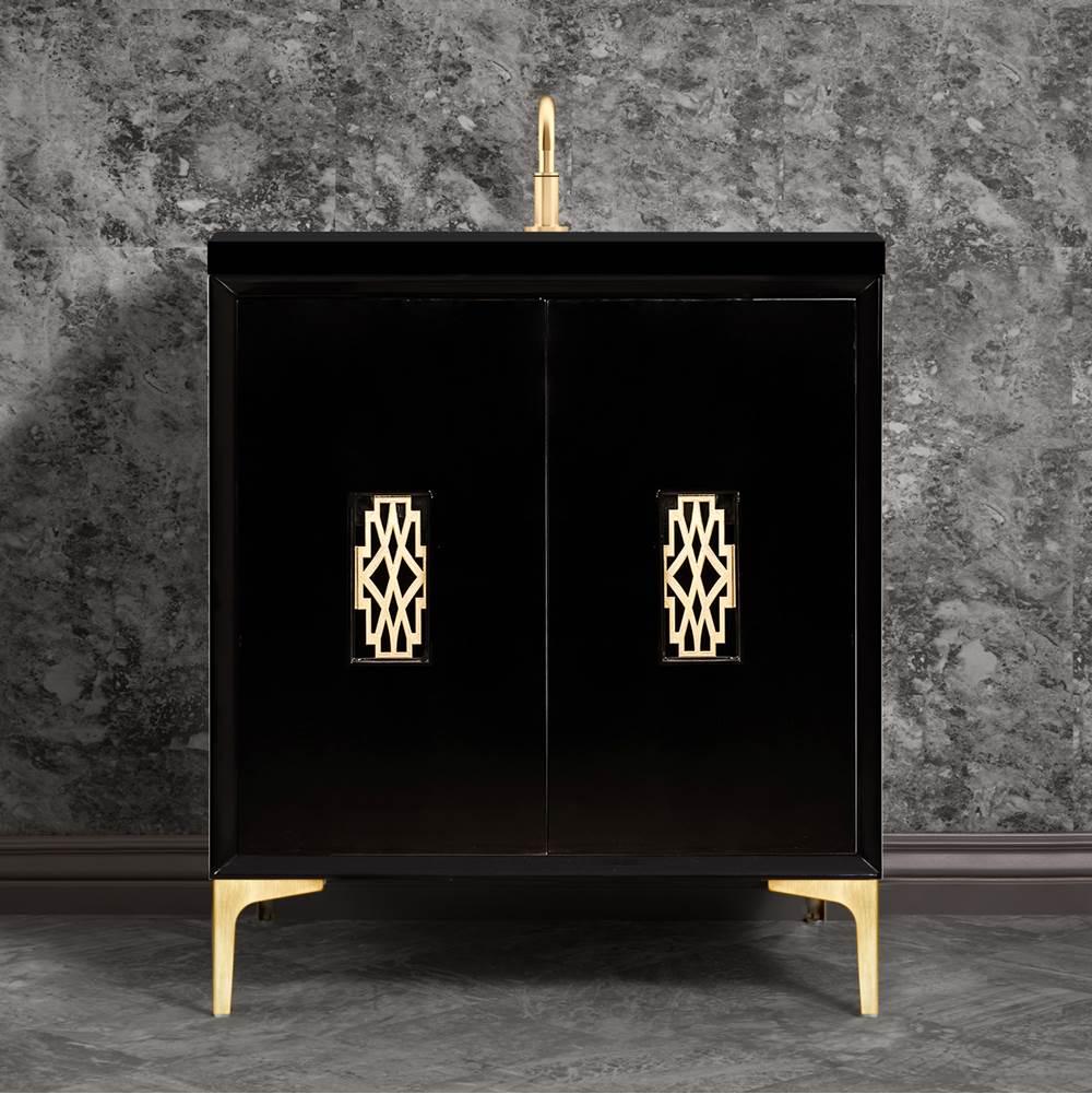 Linkasink - Frame 30'' Wide Black Vanity with Satin Brass Deco Grate and Legs, 30'' x 22'' x 33.5'' (without vanity top) - Black with Satin Brass Hardware
