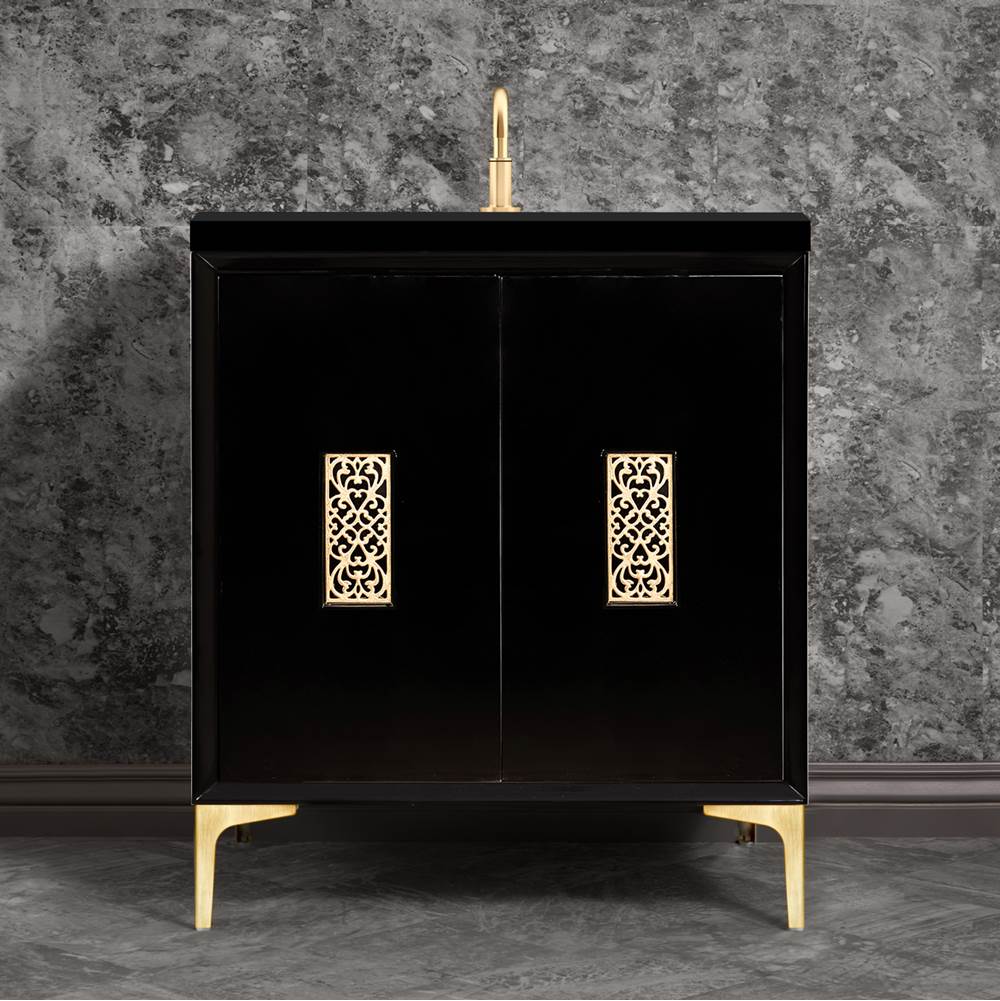 Linkasink - Frame 30'' Wide Black Vanity with Satin Brass Filigree Grate and Legs, 30'' x 22'' x 33.5'' (without vanity top) - Black with Satin Brass Hardware