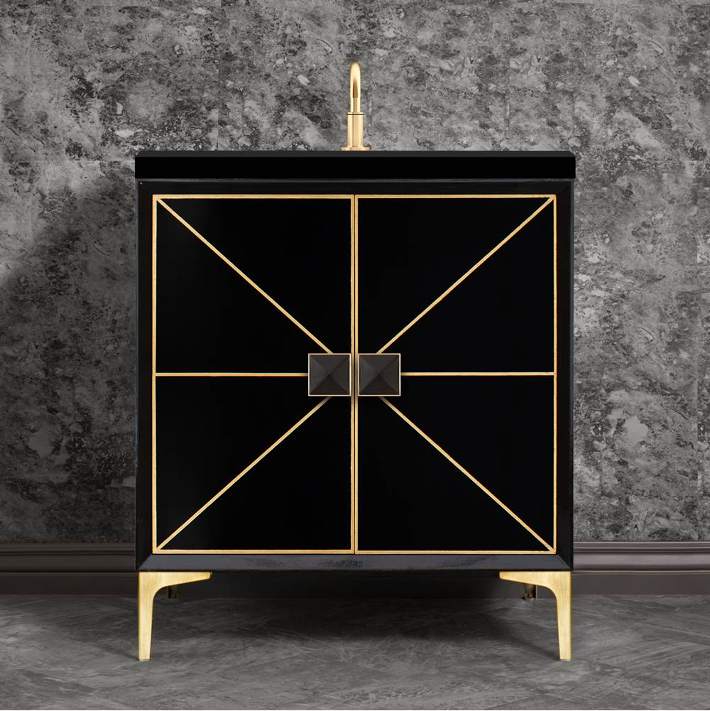 Linkasink - DIVERGENCE with Artisan Glass Hardware 30'' Wide Vanity, Black, Satin Brass Hardware, 30'' x 22'' x 33.5'' (without vanity top) - Satin Brass with Black Glass