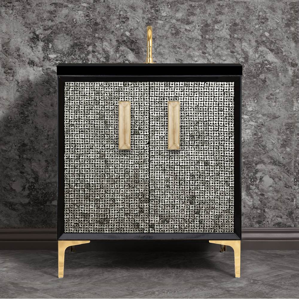 Linkasink - MOTHER OF PEARL with 8'' Artisan Glass Prism Hardware 30'' Wide Vanity, Black, Polished Brass Hardware, 30'' x 22'' x 33.5'' (without vanity top) - Polished Brass with Eglomise Prism Glass
