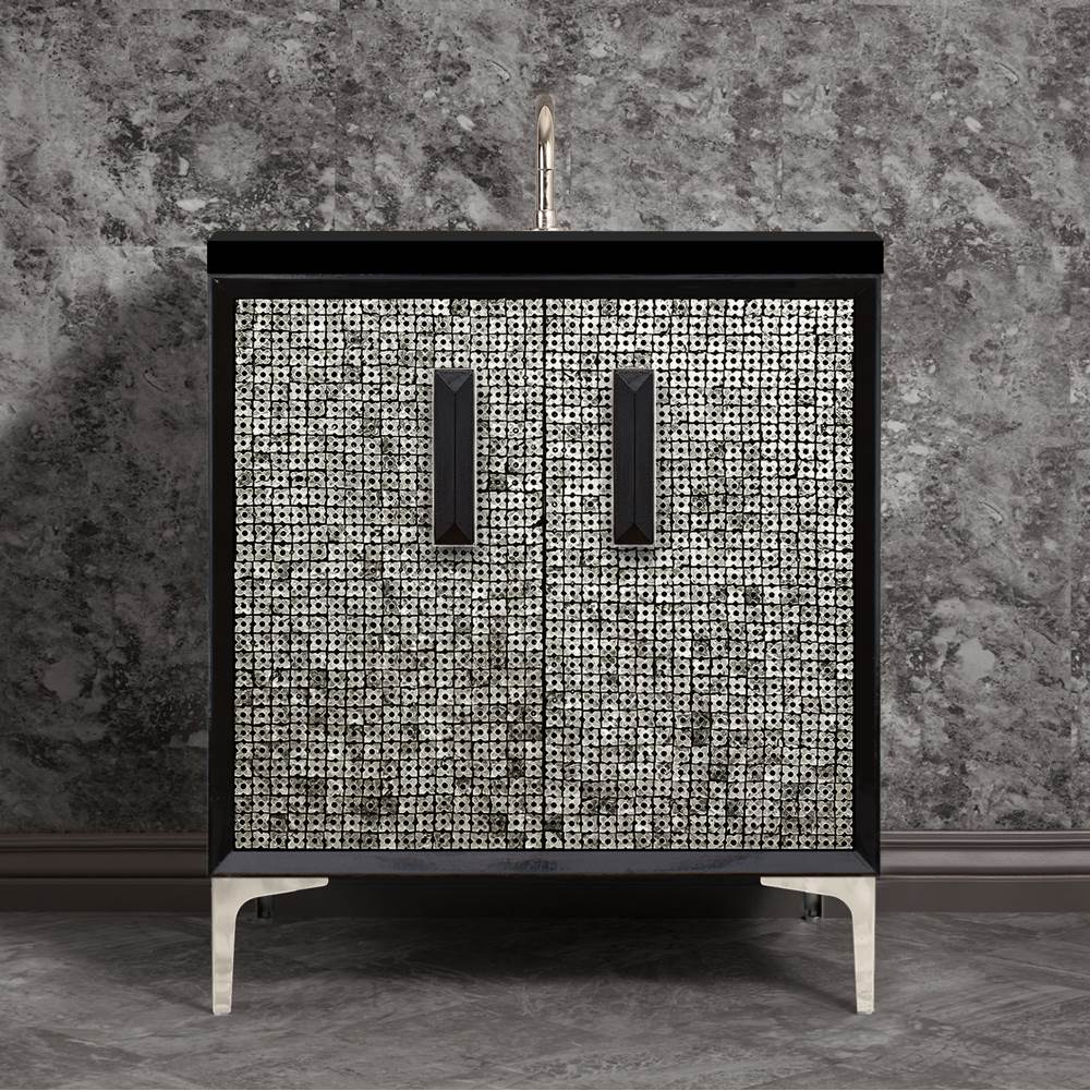 Linkasink - MOTHER OF PEARL with 8'' Artisan Glass Prism Hardware 30'' Wide Vanity, Black, Polished Nickel Hardware, 30'' x 22'' x 33.5'' (without vanity top) - Polished Nickel with Black Prism Glass