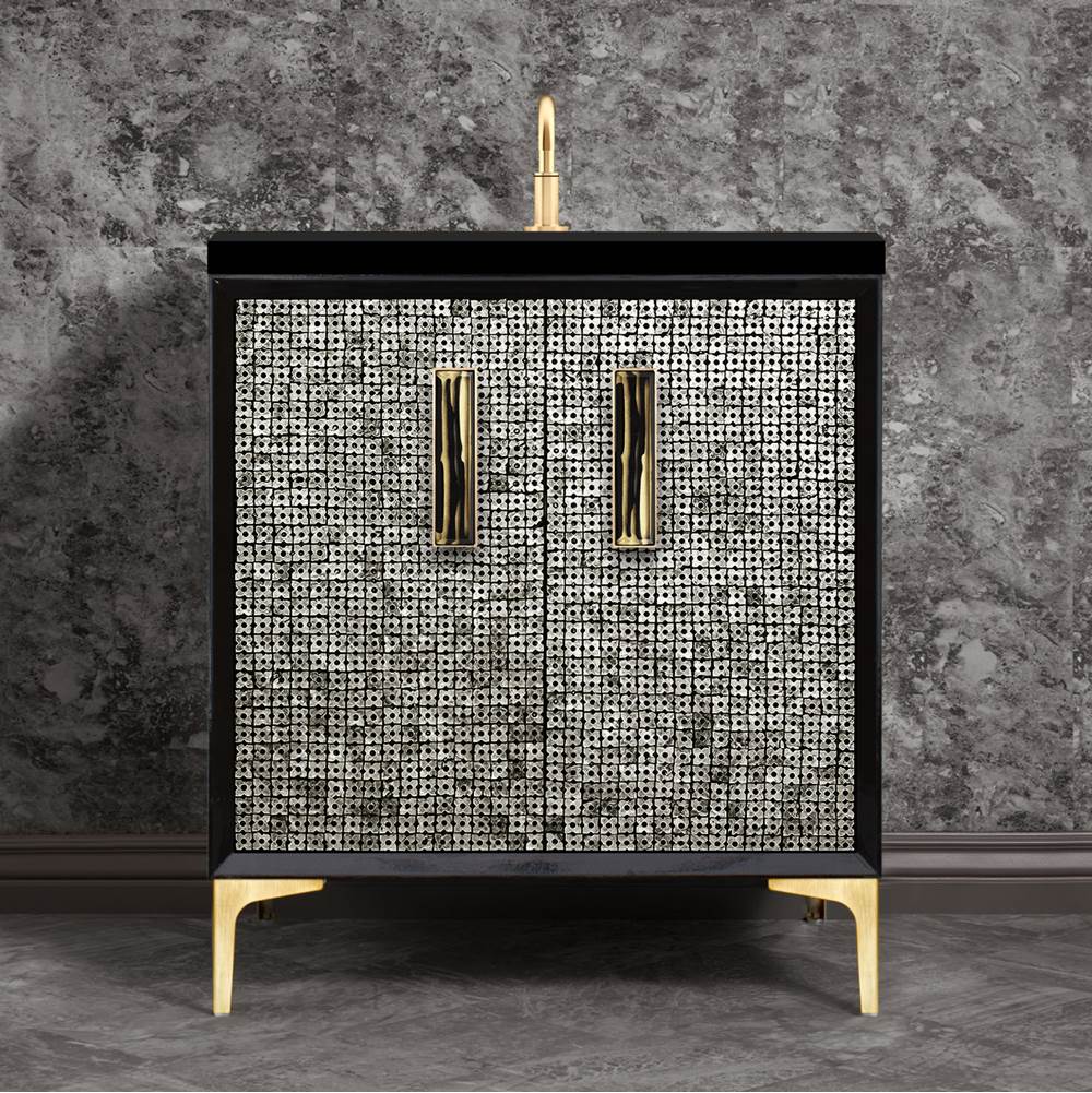 Linkasink - Mother of Pearl with 8'' Black Tiger Artisan Glass Prism, 30'' Wide Vanity, Black, Satin Brass Hardware with White Glass, 30'' x 22'' x 33.5'' (without vanity top) - Satin Brass with Black Tiger Prism Glass