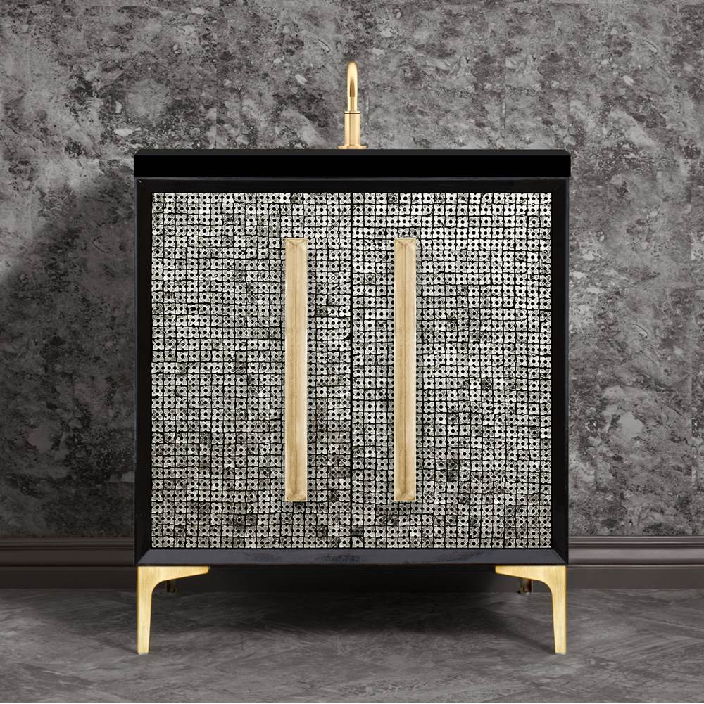 Linkasink - MOTHER OF PEARL with 18'' Artisan Glass Prism Hardware 30'' Wide Vanity, Black, Satin Brass Hardware, 30'' x 22'' x 33.5'' (without vanity top) - Satin Brass with Eglomise Prism Glass