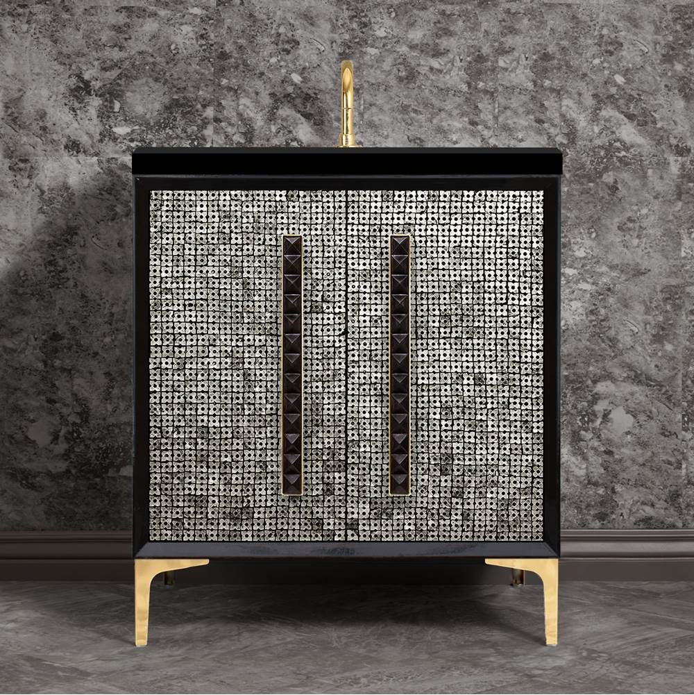 Linkasink - MOTHER OF PEARL with 18'' Artisan Glass Pyramid Hardware 30'' Wide Vanity, Black, Polished Brass Hardware, 30'' x 22'' x 33.5'' (without vanity top) - Polished Brass with Black Pyramid Glass