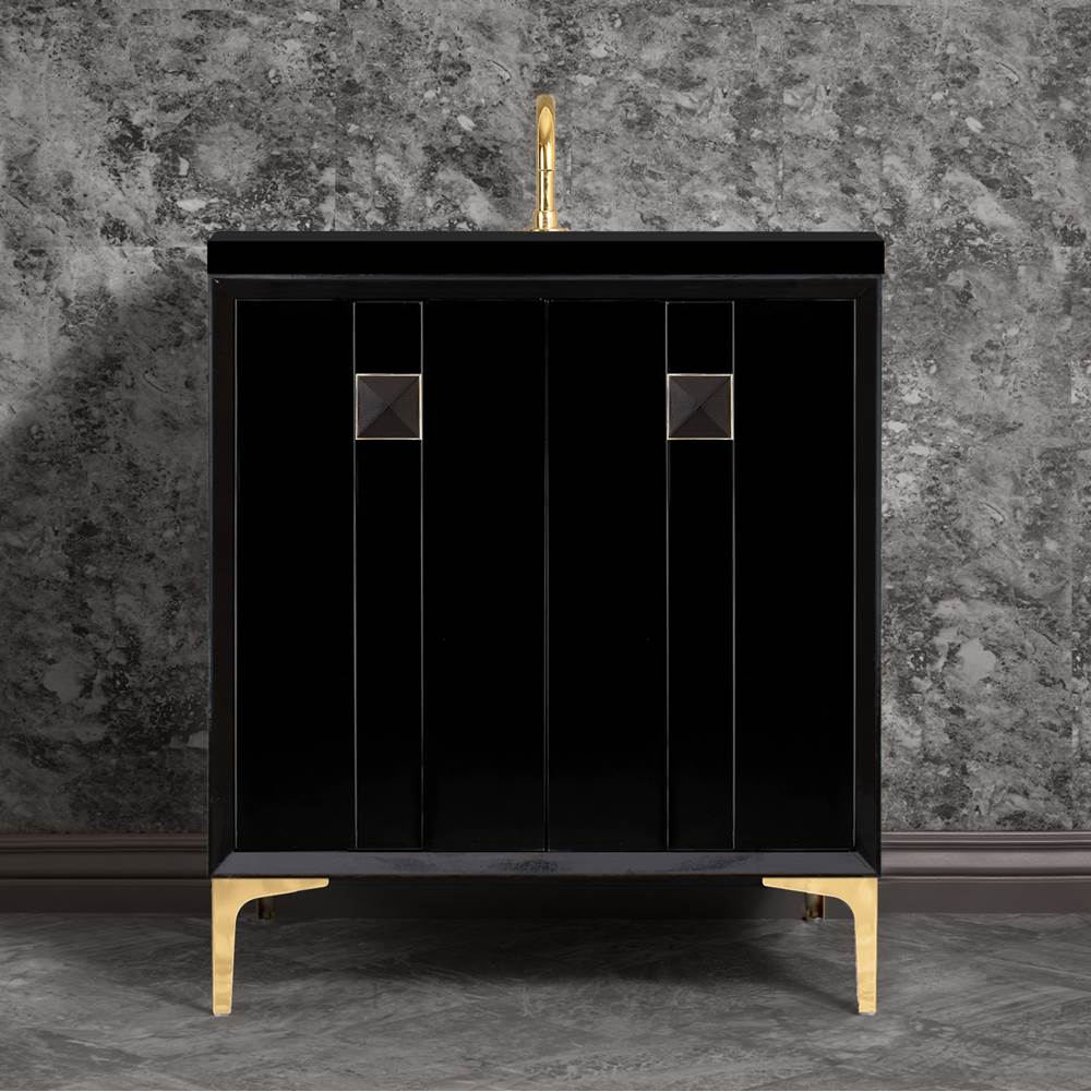 Linkasink - TUXEDO with 3'' Artisan Glass Prism Hardware 30'' Wide Vanity, Black, Polished Brass Hardware, 30'' x 22'' x 33.5'' (without vanity top) - Polished Brass with Black Prism Glass