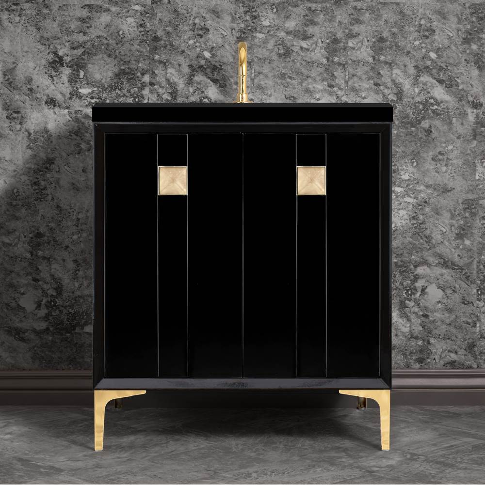 Linkasink - TUXEDO with 3'' Artisan Glass Prism Hardware 30'' Wide Vanity, Black, Polished Brass Hardware, 30'' x 22'' x 33.5'' (without vanity top) - Polished Brass with Eglomise Prism Glass